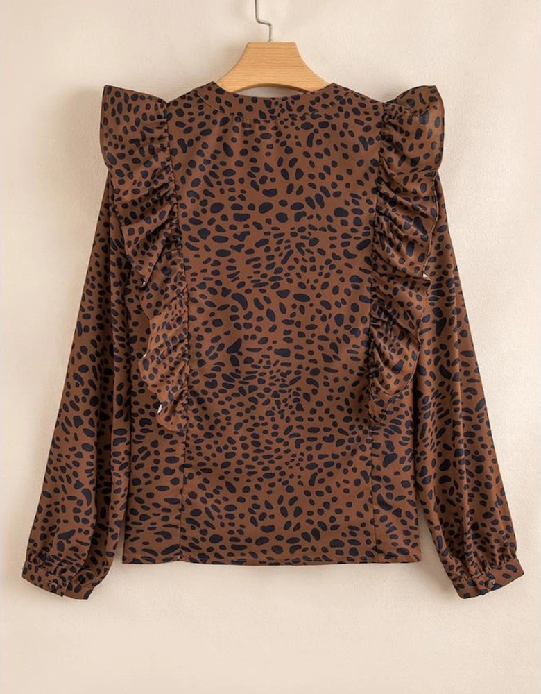 Brown Leopard Print Ruffled Puff Sleeve Blouse
