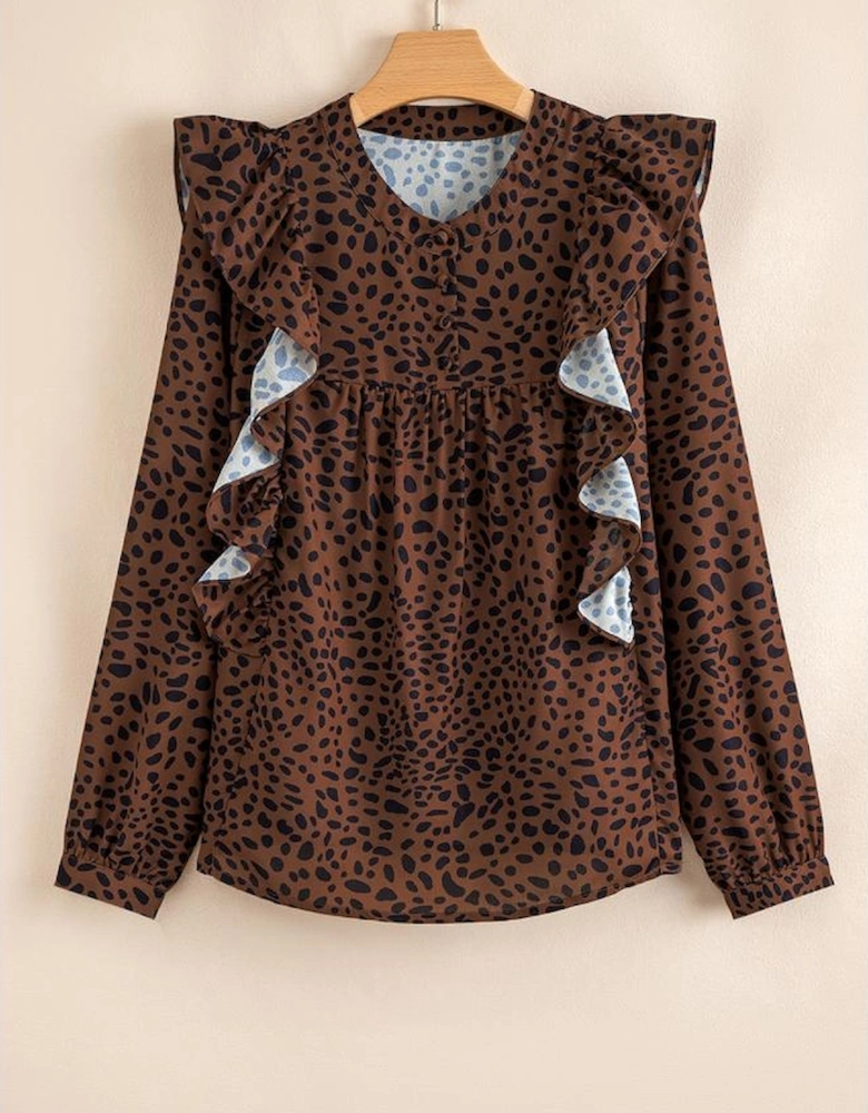 Brown Leopard Print Ruffled Puff Sleeve Blouse