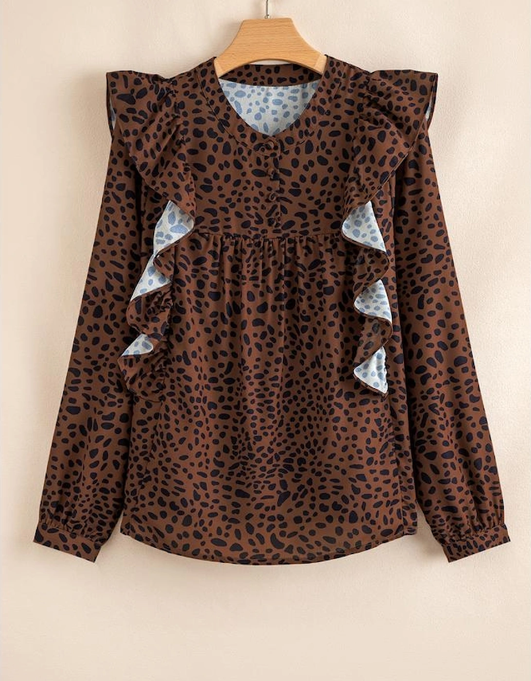 Brown Leopard Print Ruffled Puff Sleeve Blouse