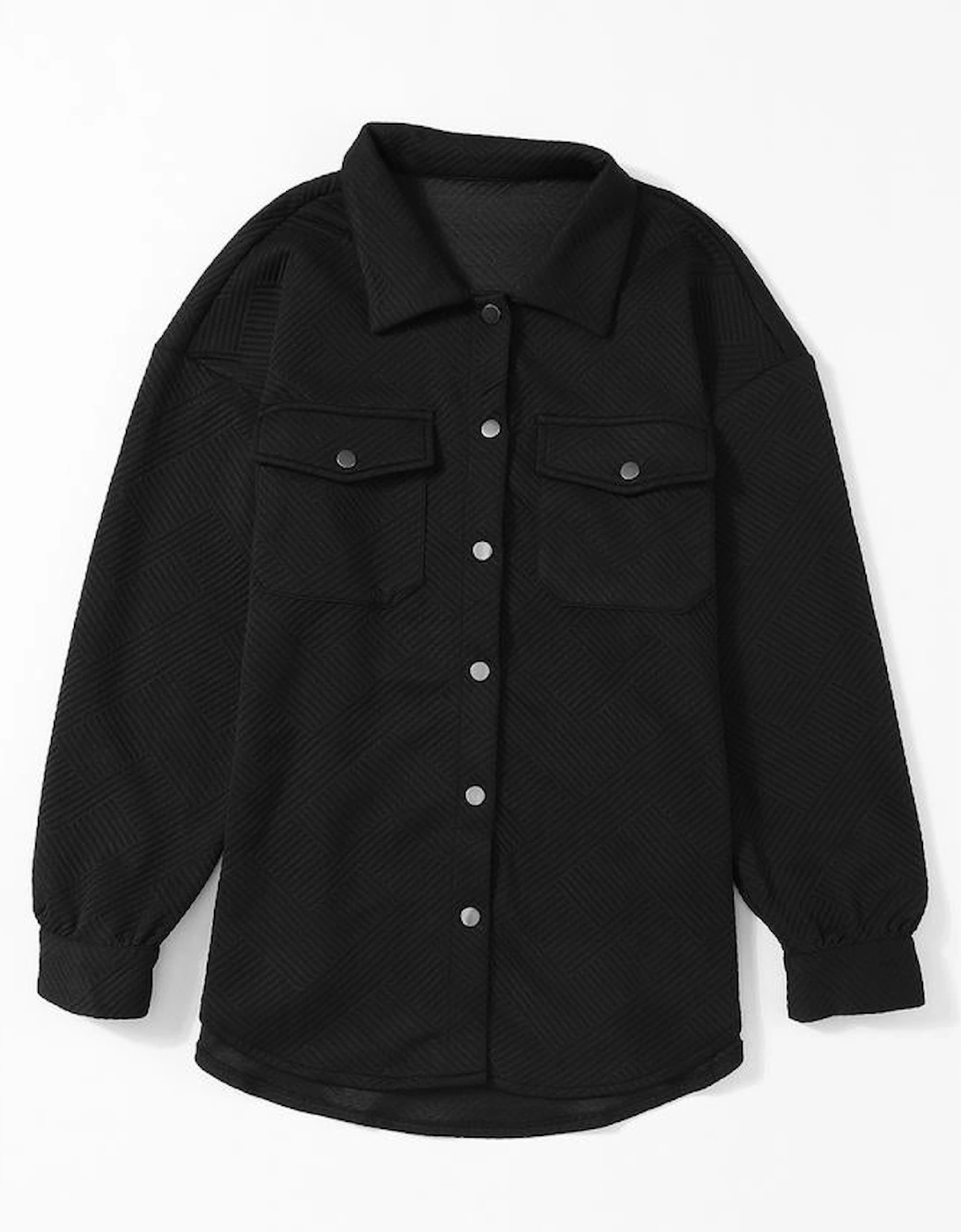 Black Solid Textured Flap Pocket Buttoned Shacket