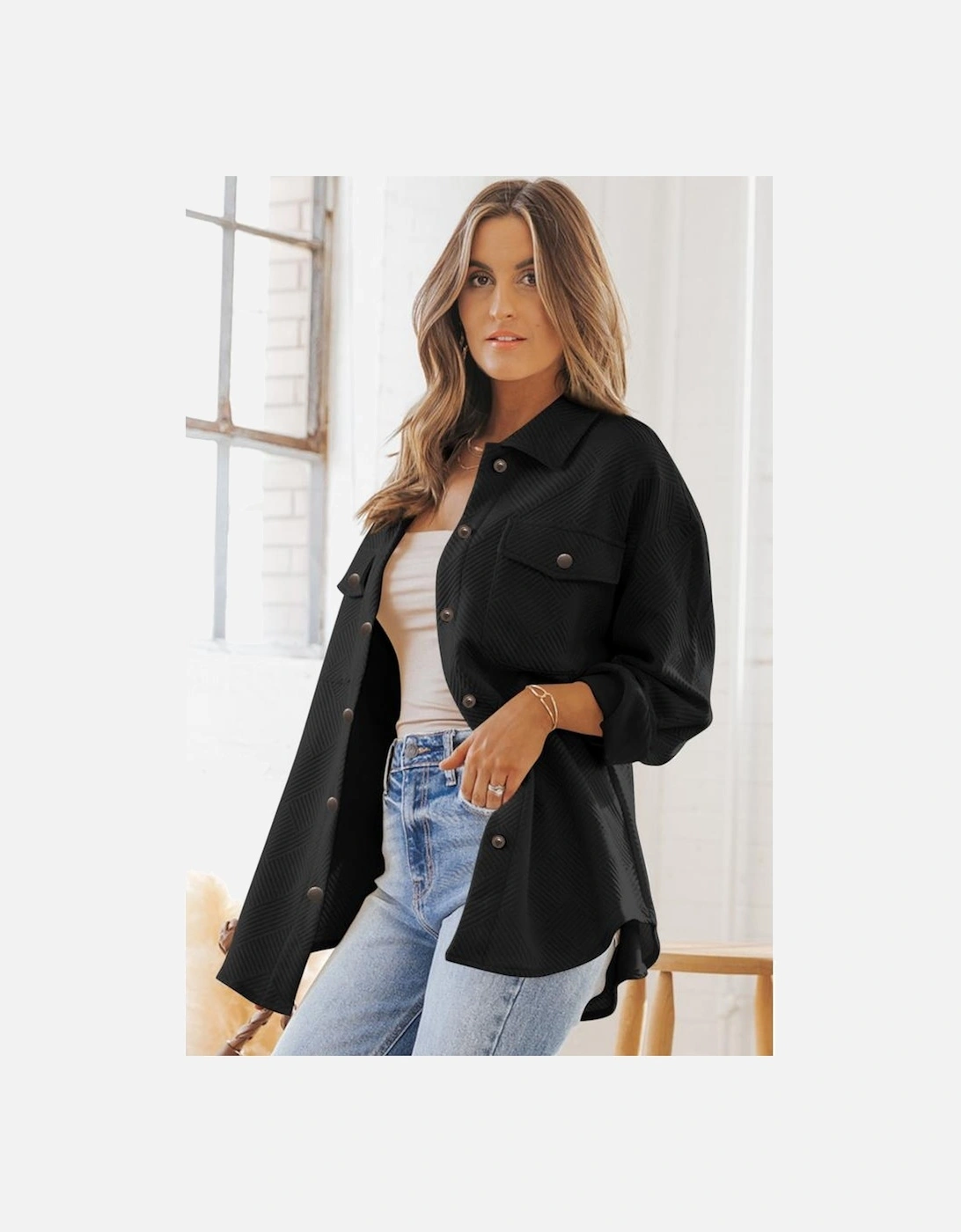Black Solid Textured Flap Pocket Buttoned Shacket