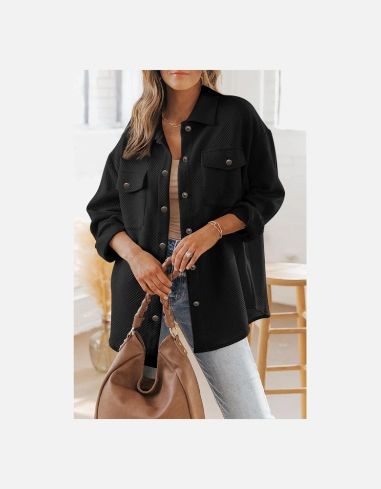Black Solid Textured Flap Pocket Buttoned Shacket