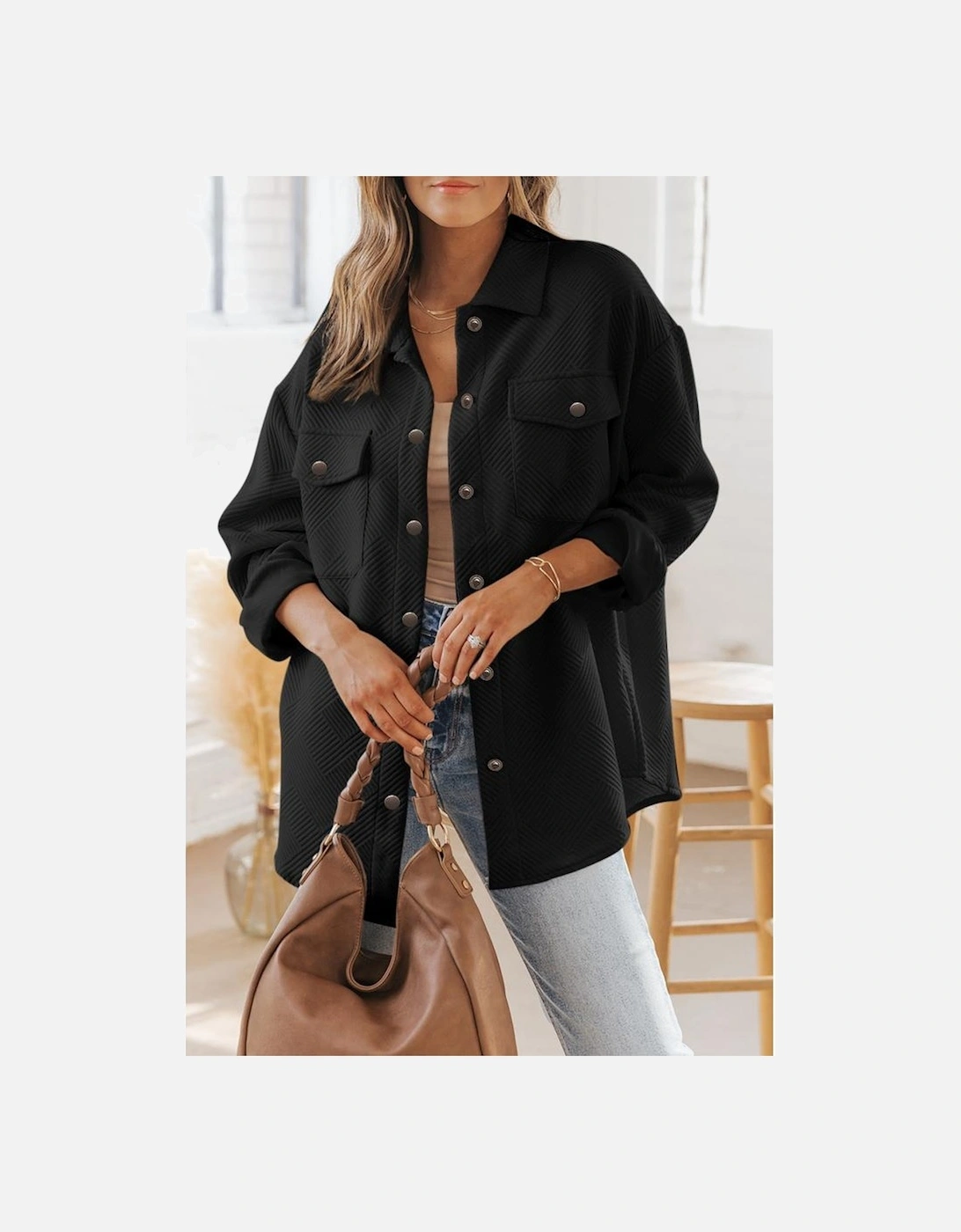 Black Solid Textured Flap Pocket Buttoned Shacket, 13 of 12