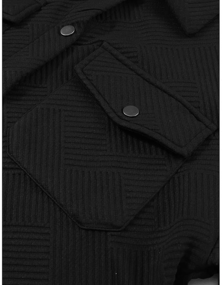 Black Solid Textured Flap Pocket Buttoned Shacket