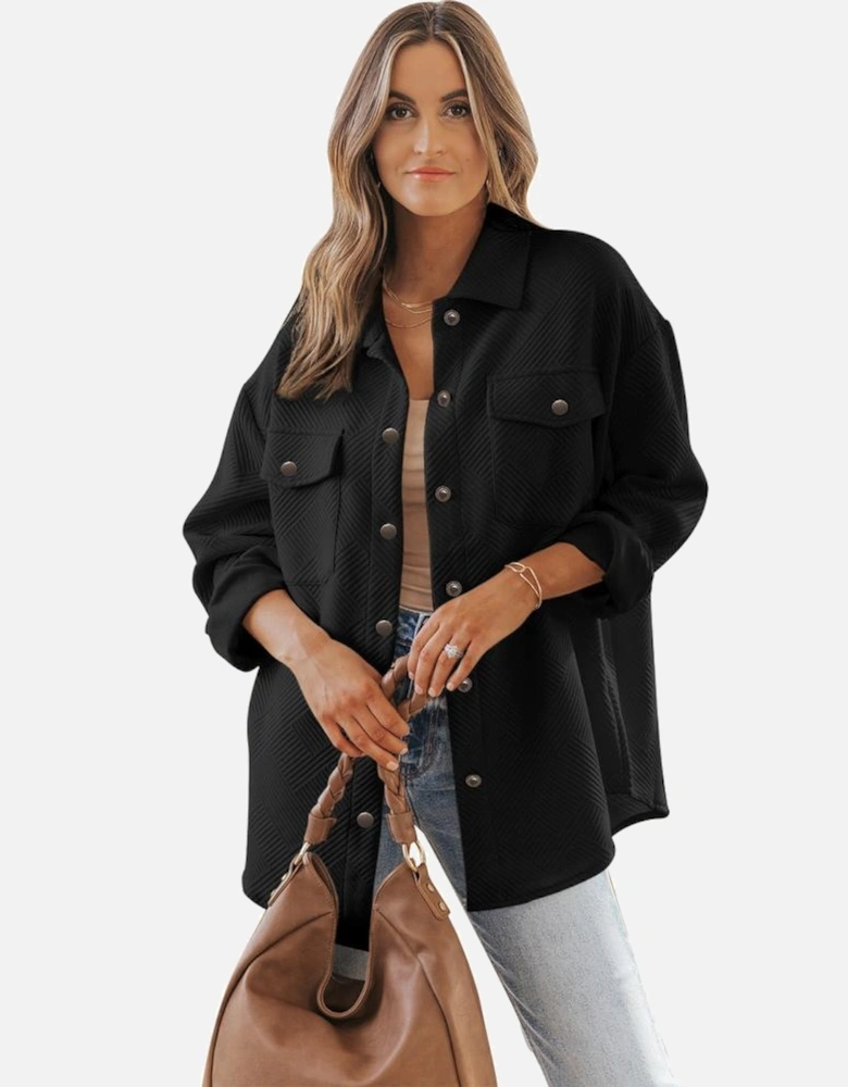 Black Solid Textured Flap Pocket Buttoned Shacket