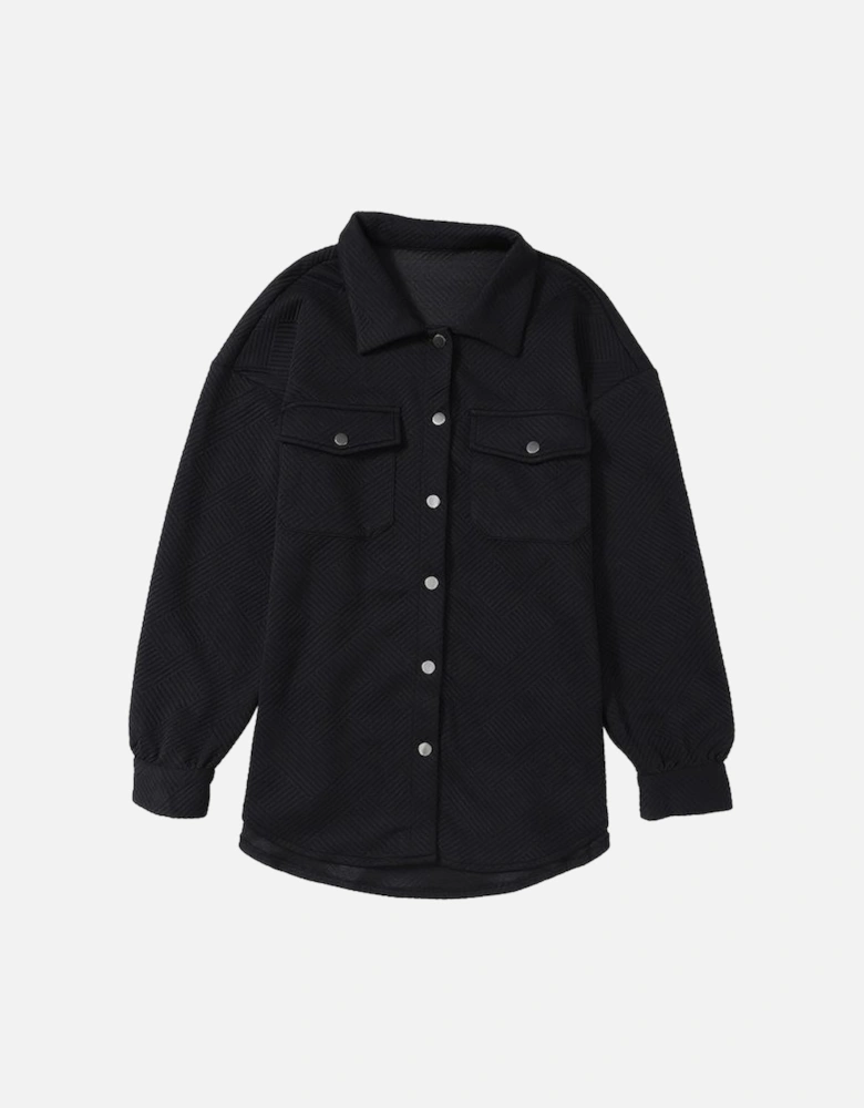 Black Solid Textured Flap Pocket Buttoned Shacket