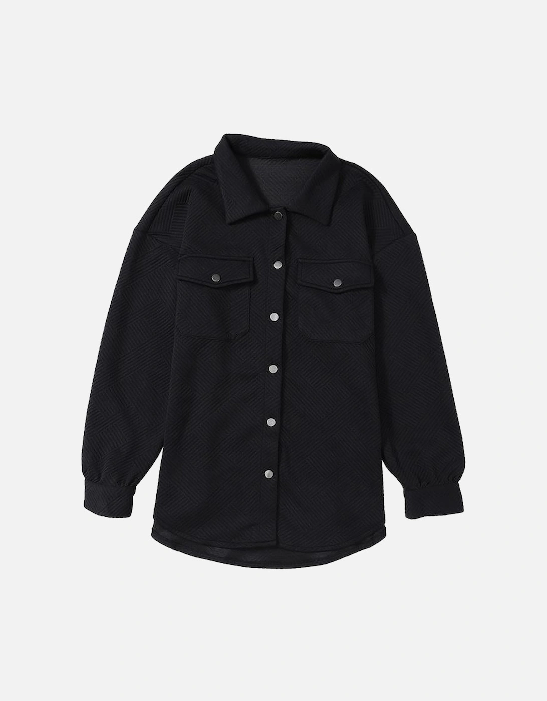 Black Solid Textured Flap Pocket Buttoned Shacket