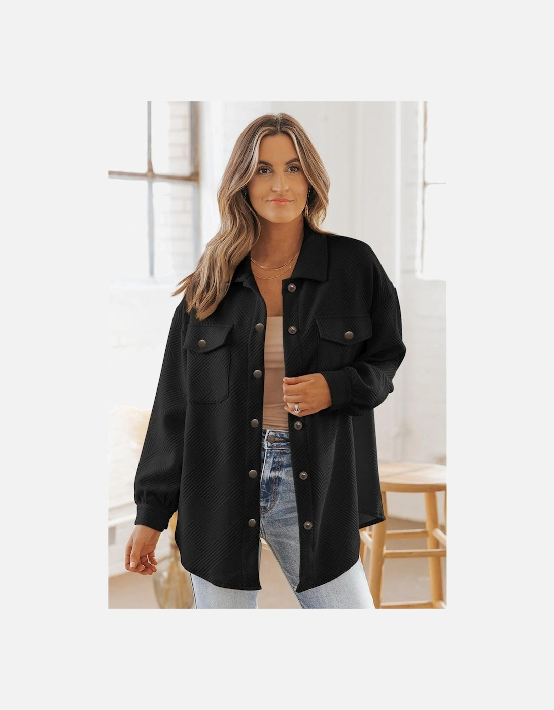Black Solid Textured Flap Pocket Buttoned Shacket