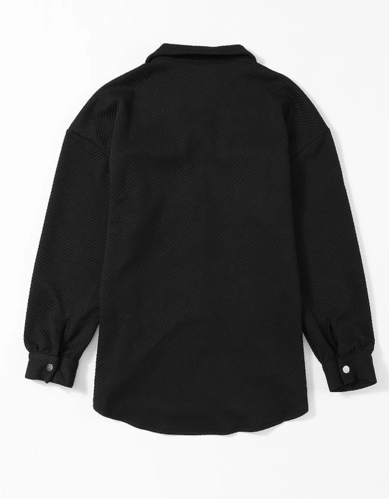 Black Solid Textured Flap Pocket Buttoned Shacket