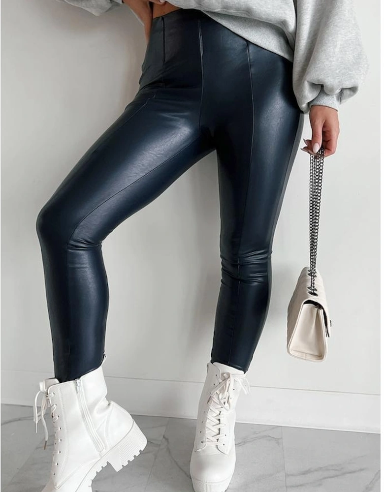 Black Faux Leather Seamed Leg High Waist Leggings