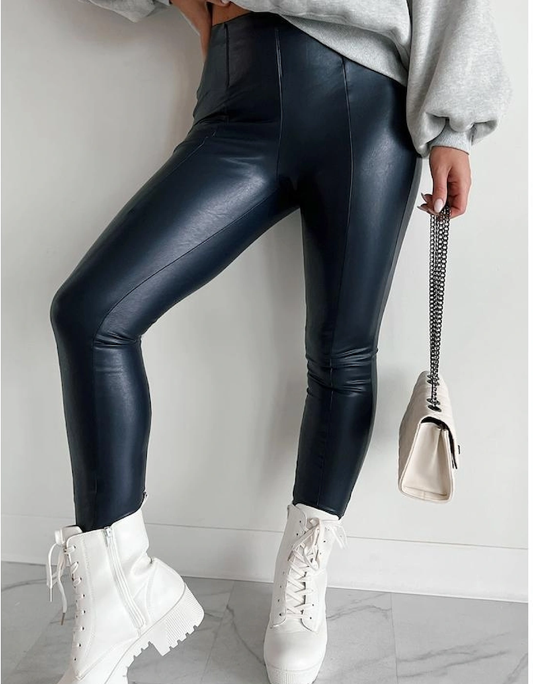 Black Faux Leather Seamed Leg High Waist Leggings
