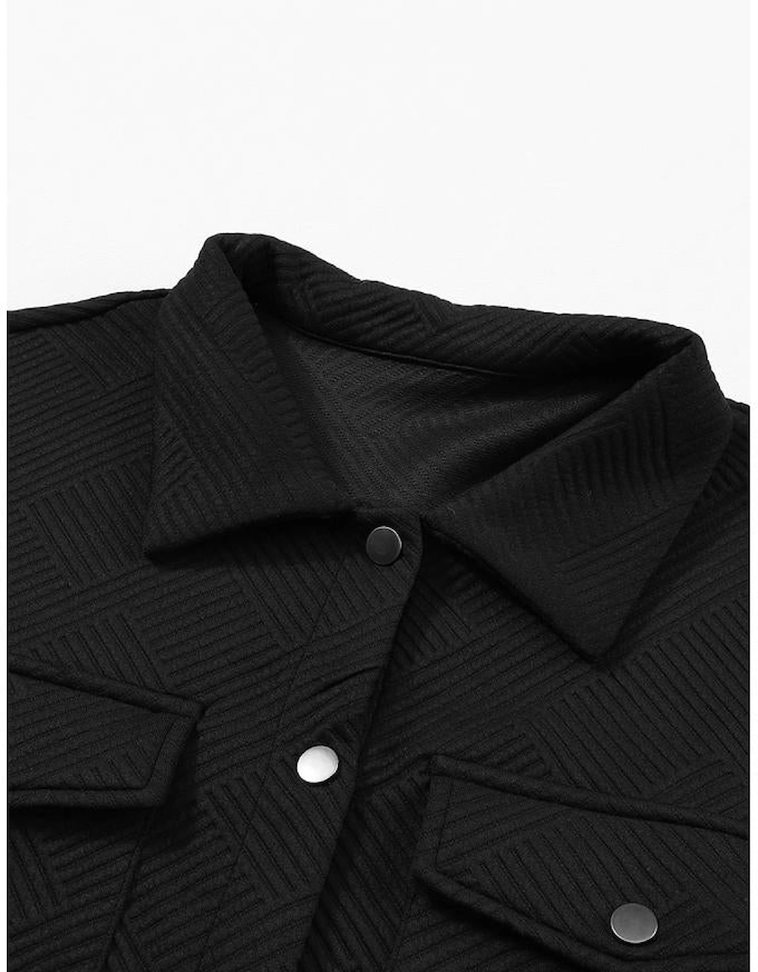 Black Solid Textured Flap Pocket Buttoned Shacket