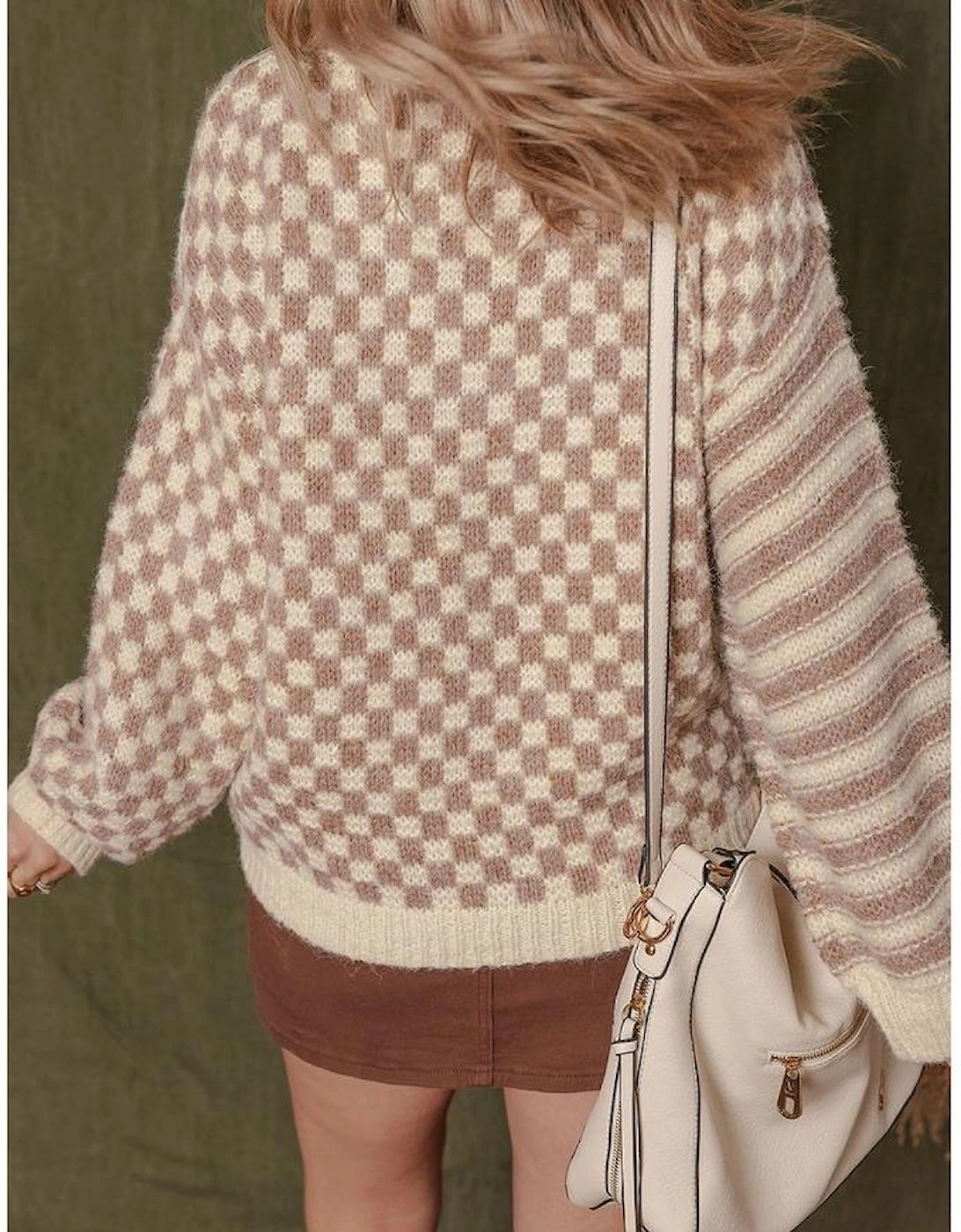 Khaki Stripe Checkerboard Drop Shoulder Balloon Sleeve Sweater, 15 of 14