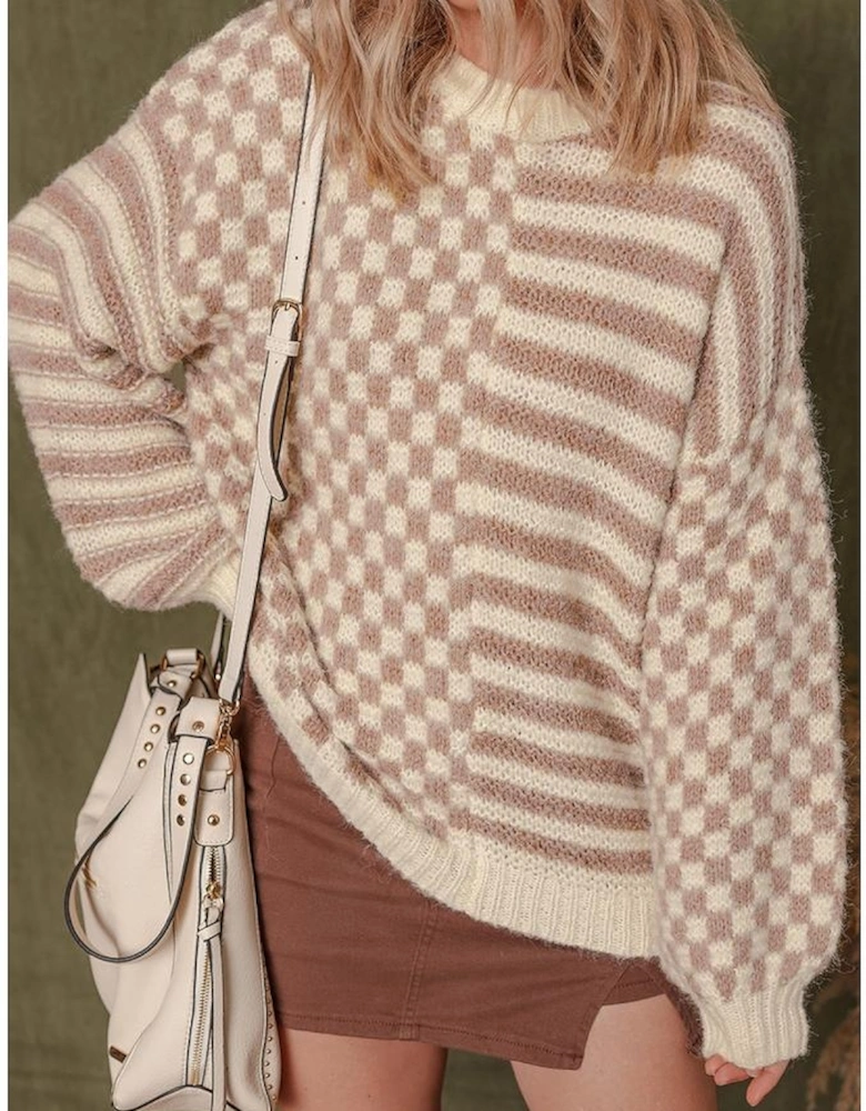Khaki Stripe Checkerboard Drop Shoulder Balloon Sleeve Sweater