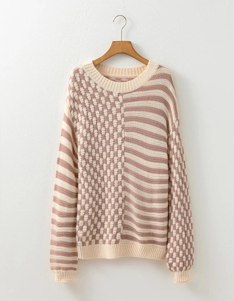 Khaki Stripe Checkerboard Drop Shoulder Balloon Sleeve Sweater
