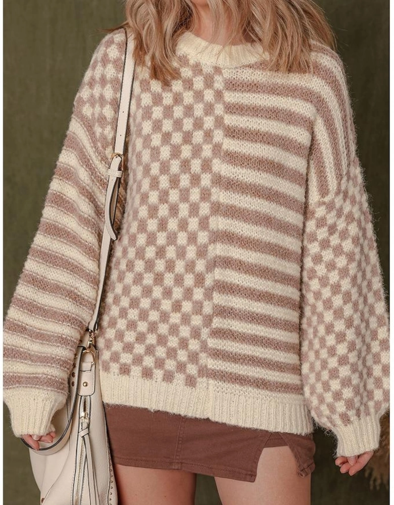 Khaki Stripe Checkerboard Drop Shoulder Balloon Sleeve Sweater