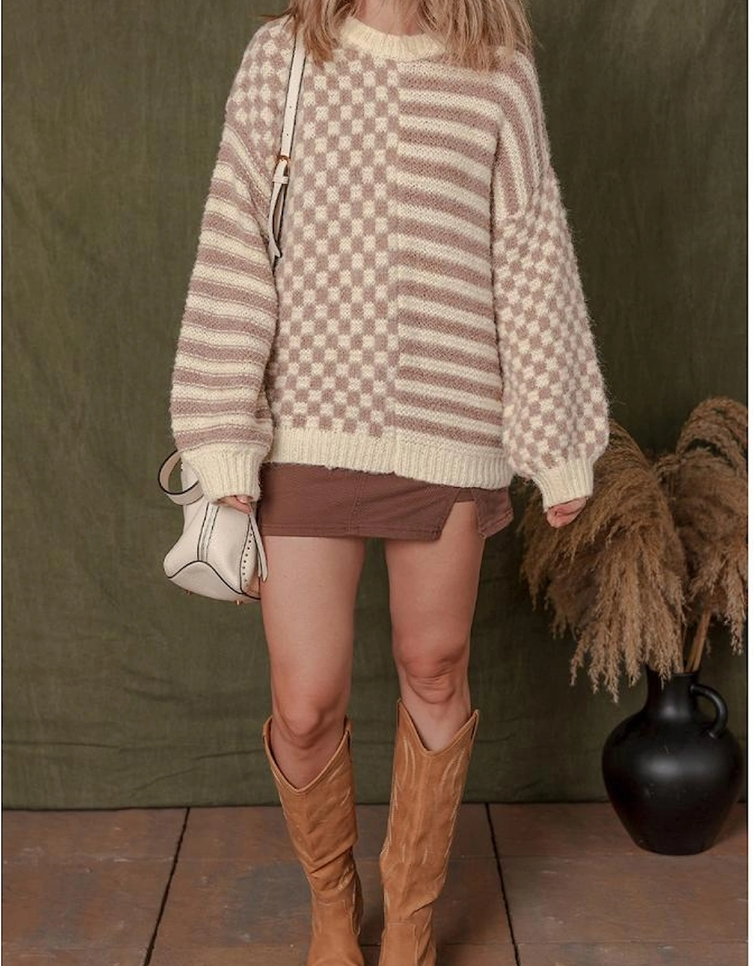 Khaki Stripe Checkerboard Drop Shoulder Balloon Sleeve Sweater