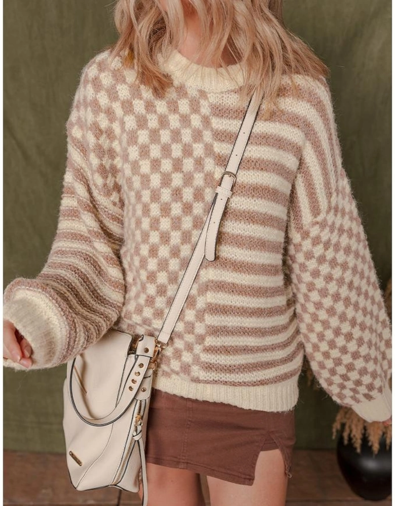 Khaki Stripe Checkerboard Drop Shoulder Balloon Sleeve Sweater