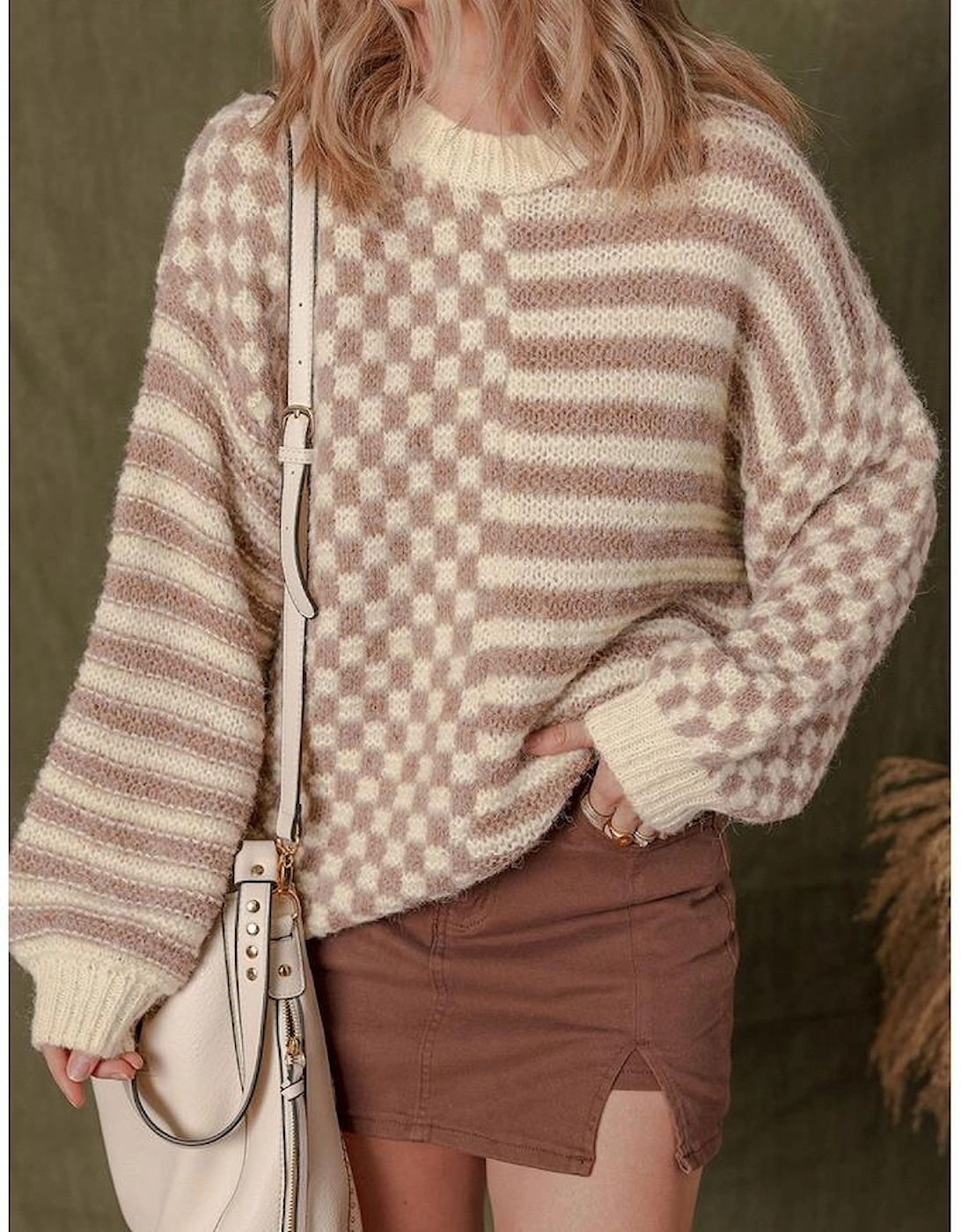 Khaki Stripe Checkerboard Drop Shoulder Balloon Sleeve Sweater