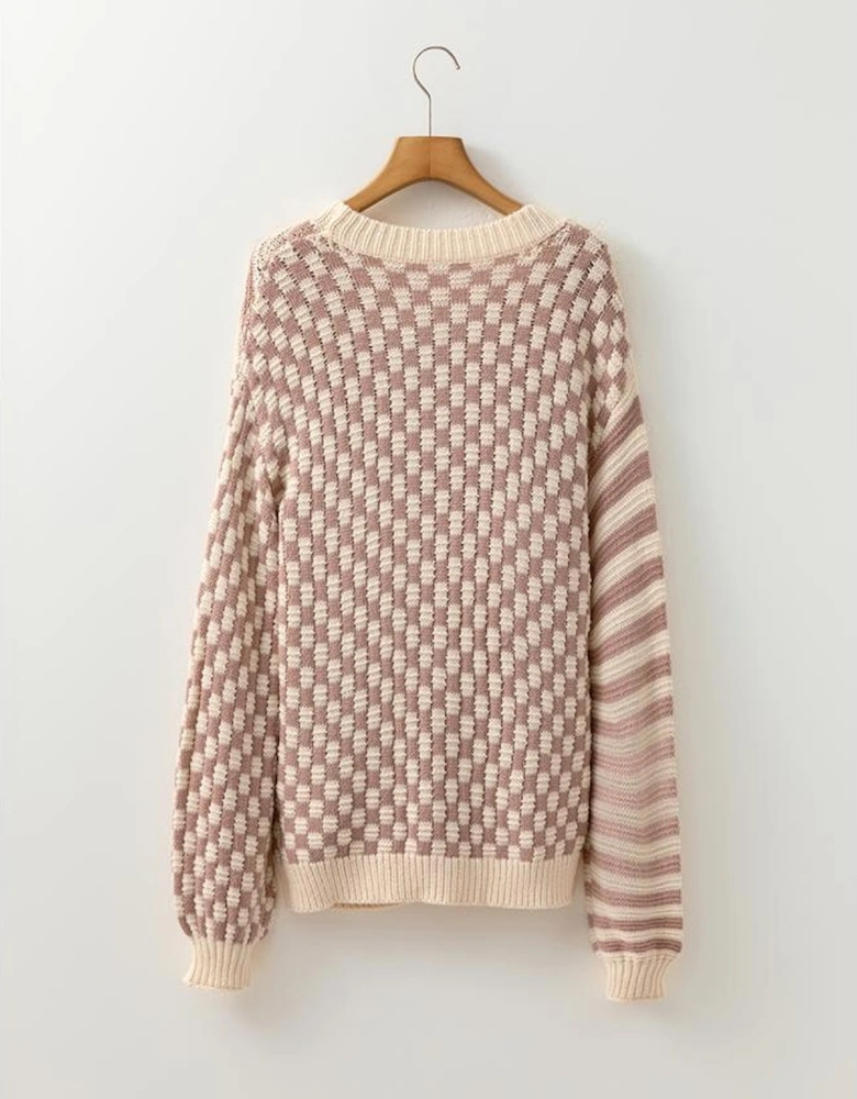 Khaki Stripe Checkerboard Drop Shoulder Balloon Sleeve Sweater