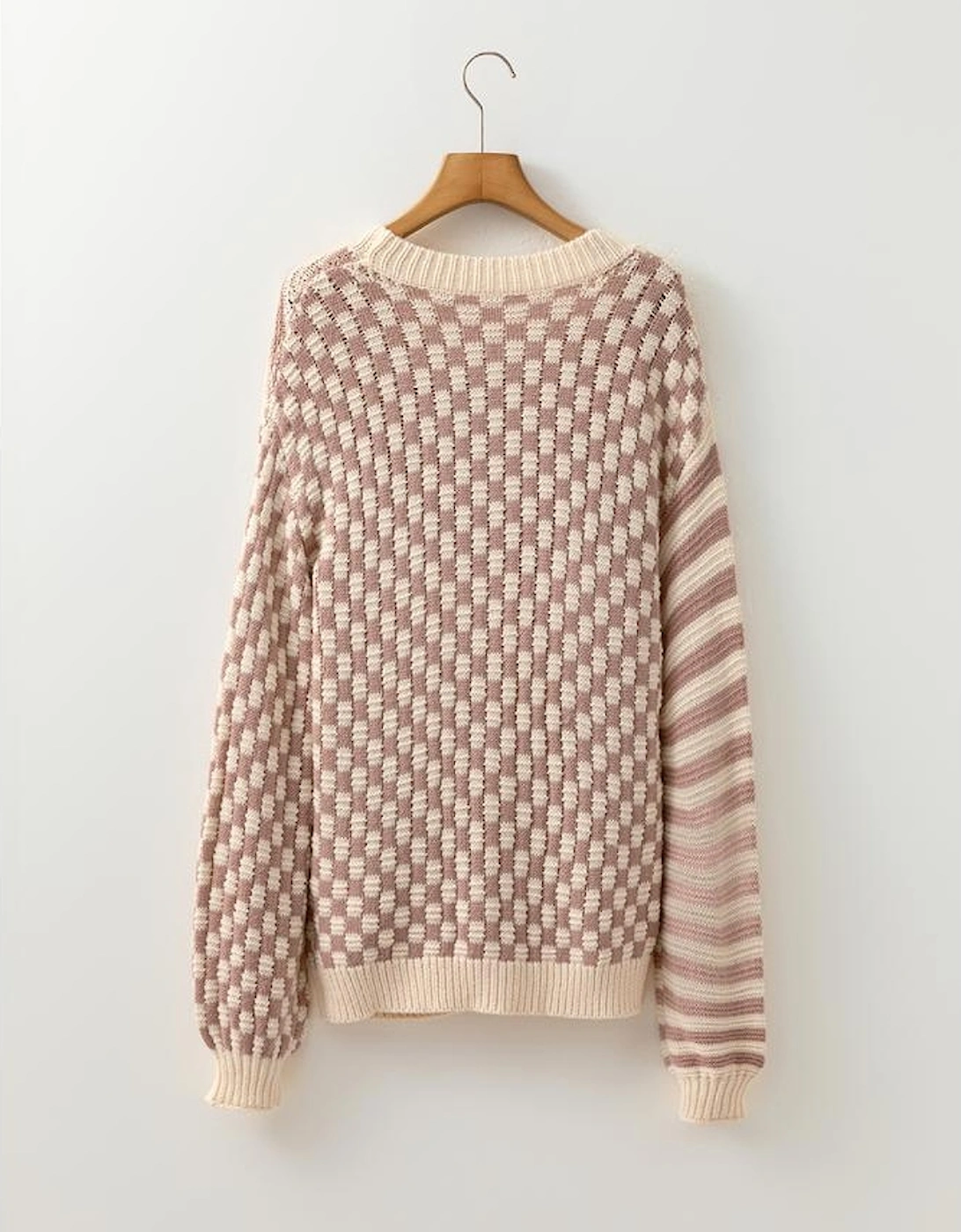 Khaki Stripe Checkerboard Drop Shoulder Balloon Sleeve Sweater