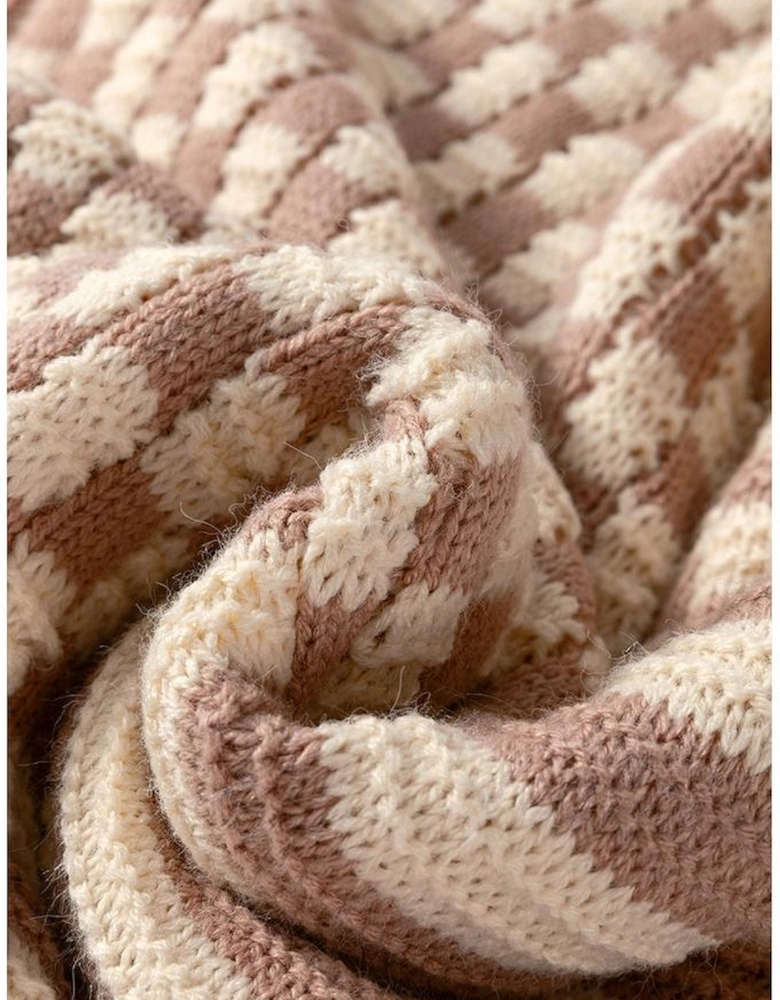 Khaki Stripe Checkerboard Drop Shoulder Balloon Sleeve Sweater