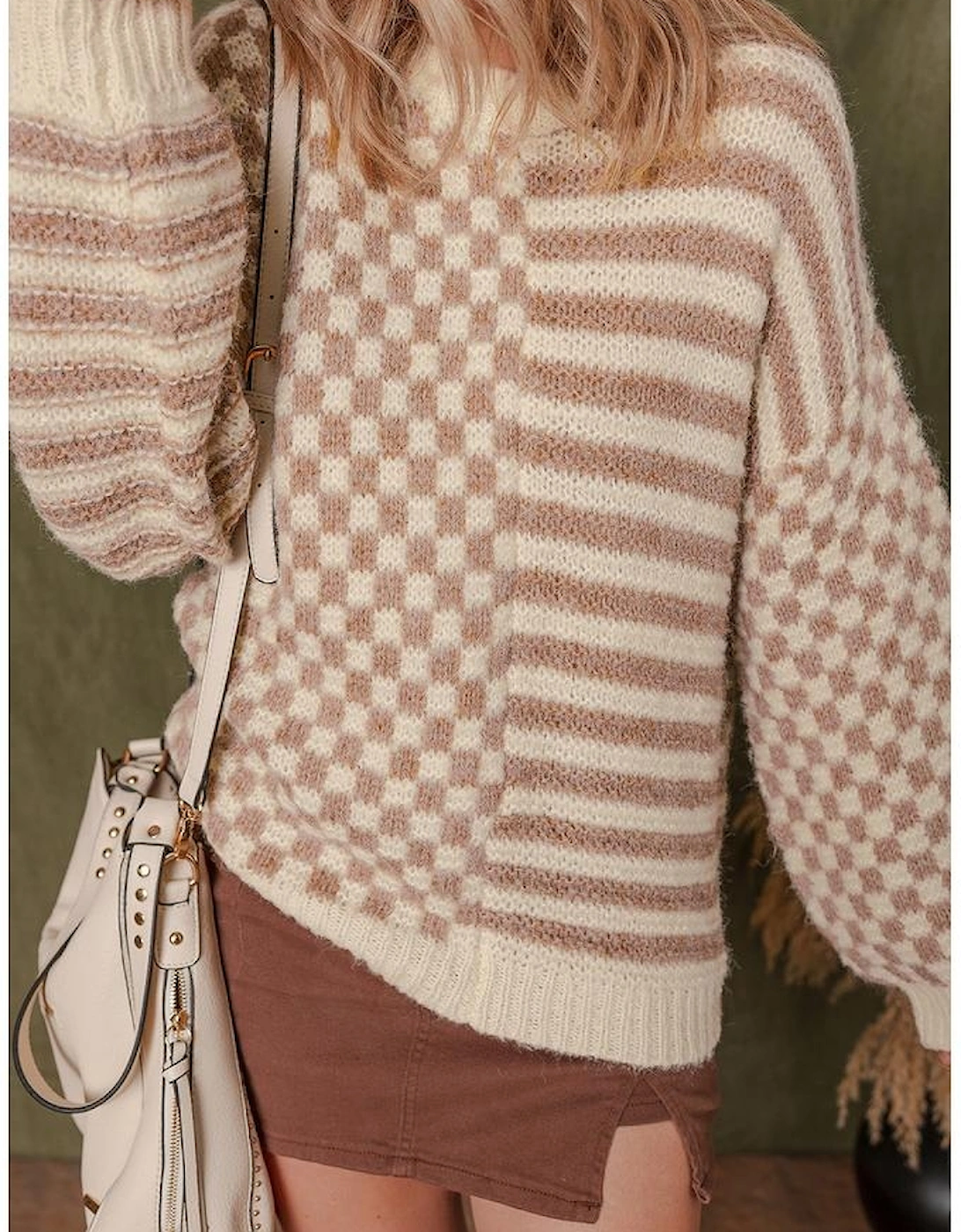 Khaki Stripe Checkerboard Drop Shoulder Balloon Sleeve Sweater