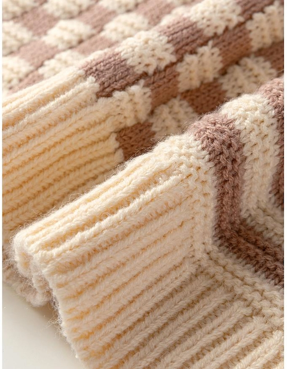 Khaki Stripe Checkerboard Drop Shoulder Balloon Sleeve Sweater