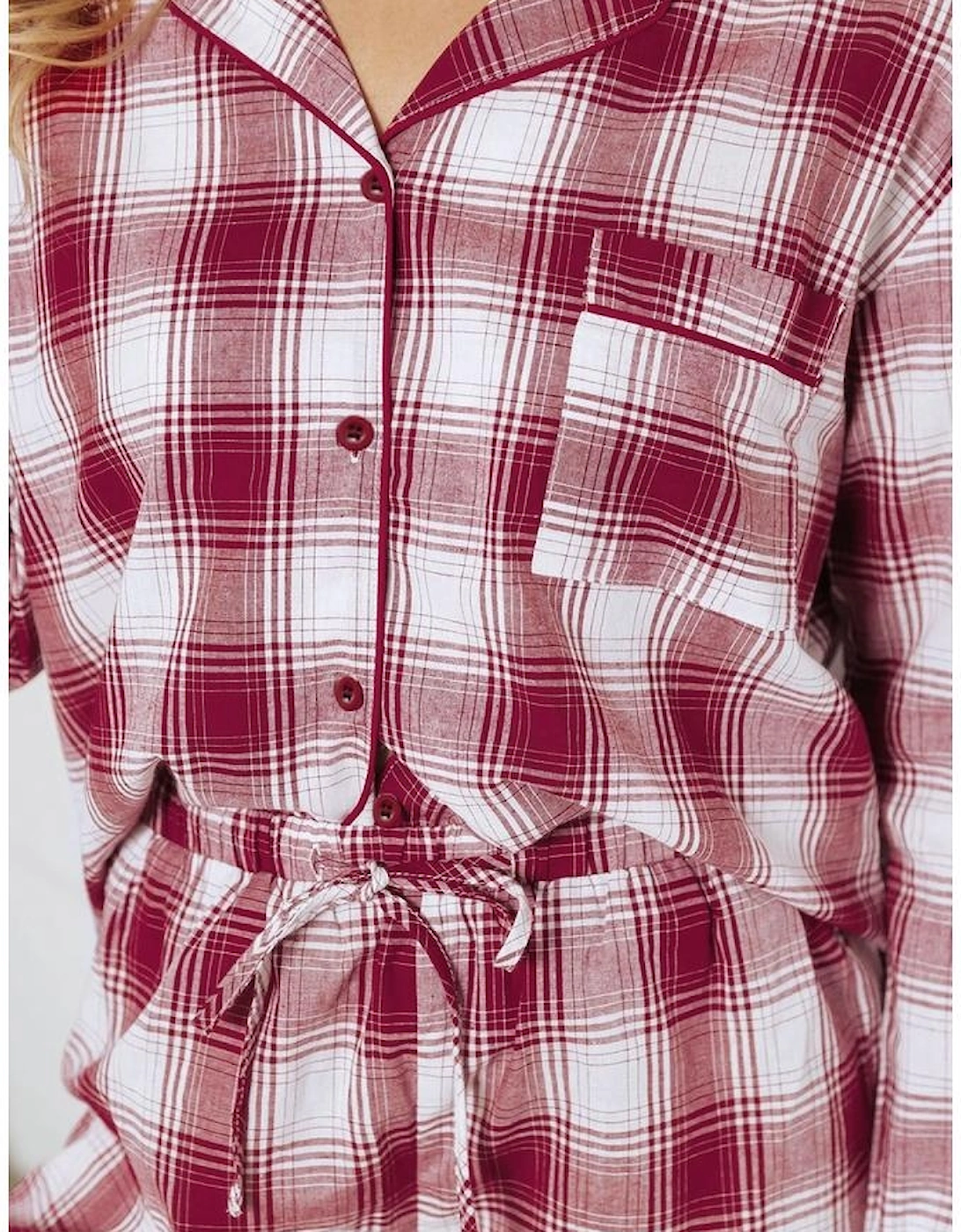 Red Retro Plaid Long Sleeve Shirt Drawstring Shorts 2pcs Lounge Set