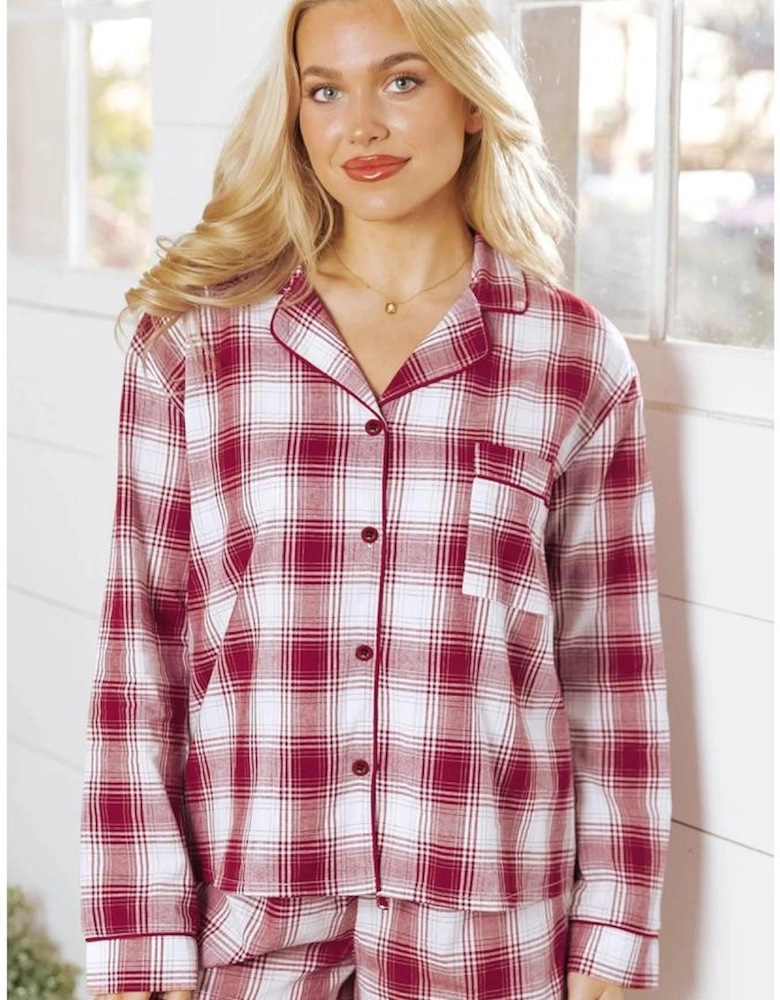 Red Retro Plaid Long Sleeve Shirt Drawstring Shorts 2pcs Lounge Set