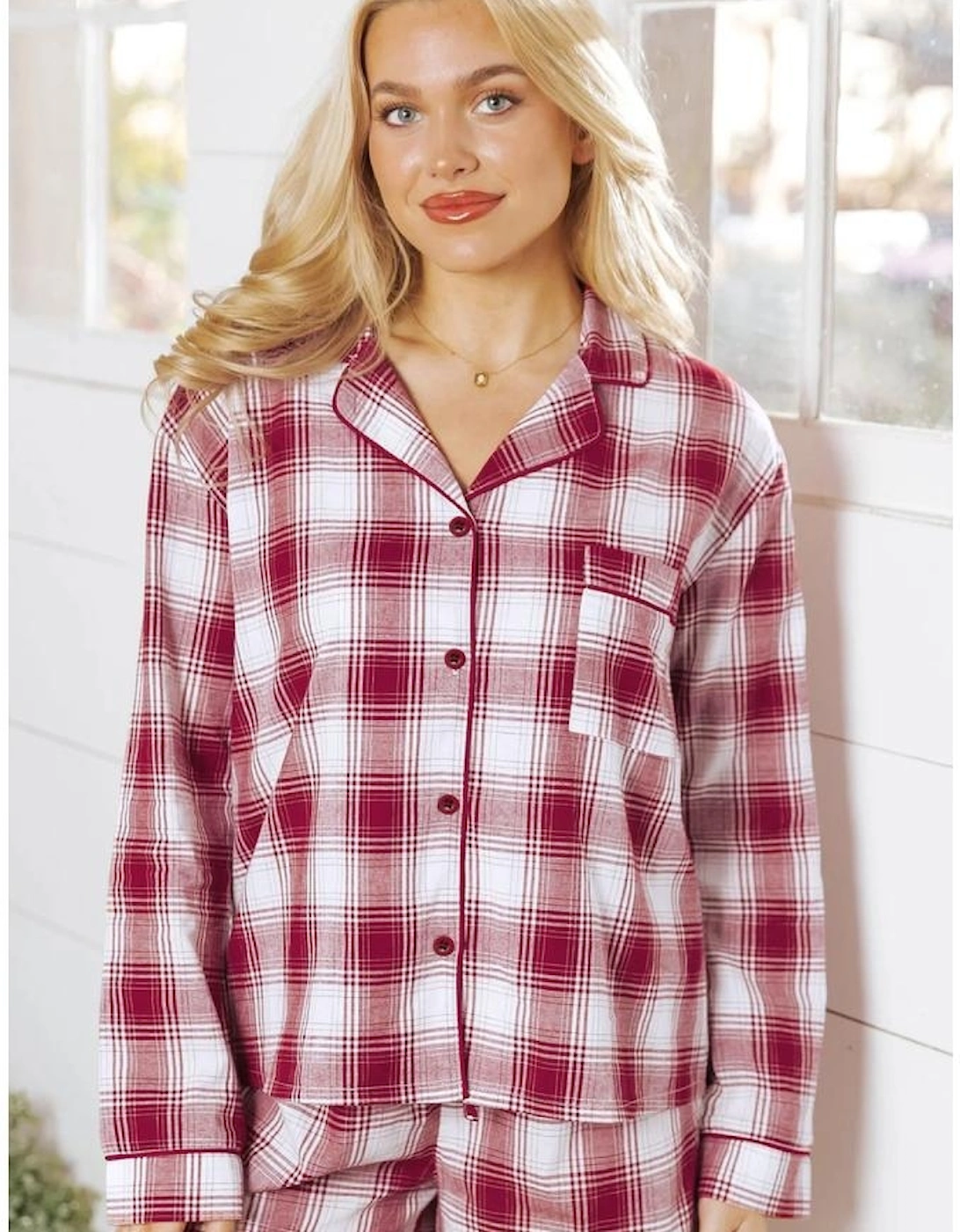 Red Retro Plaid Long Sleeve Shirt Drawstring Shorts 2pcs Lounge Set