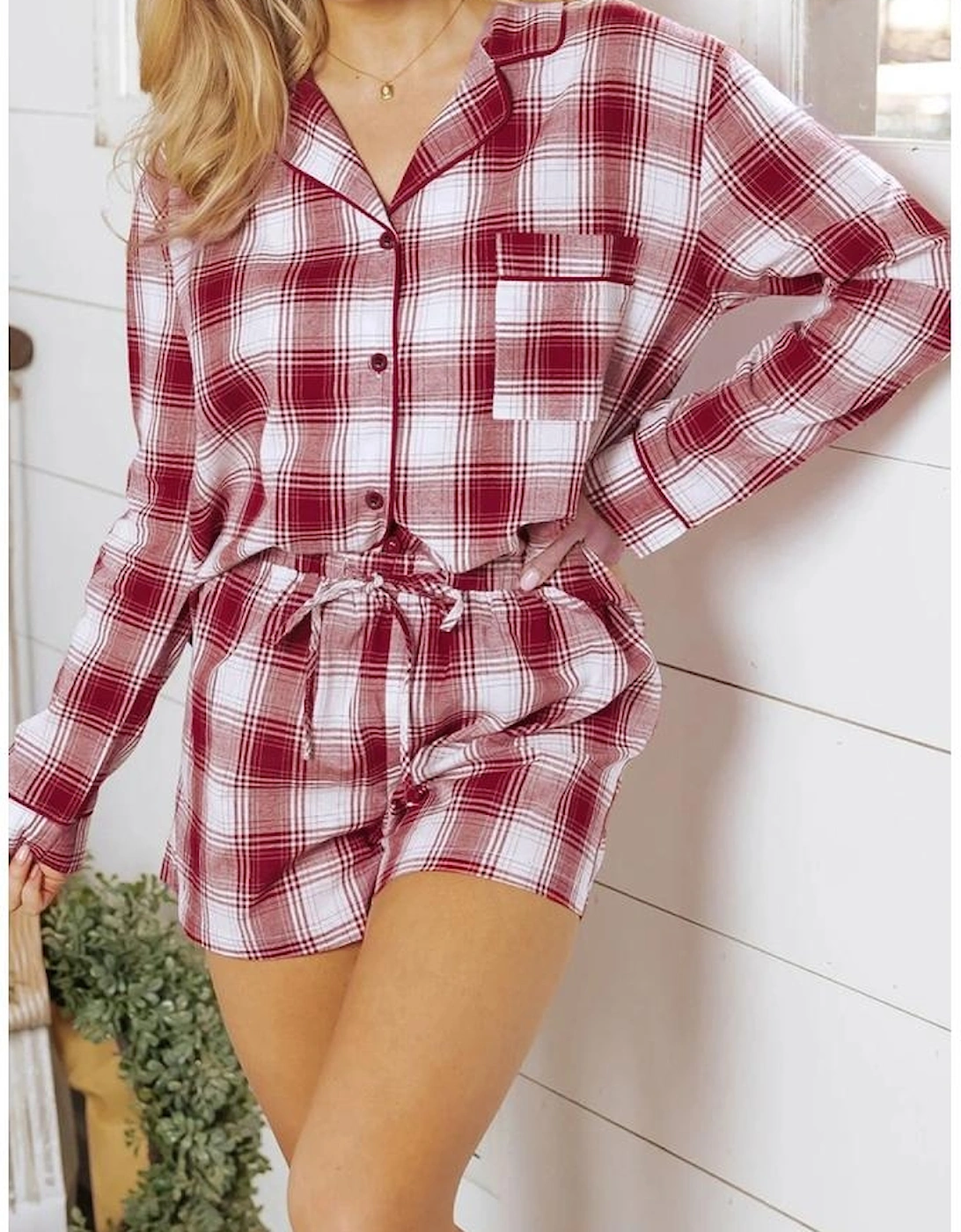 Red Retro Plaid Long Sleeve Shirt Drawstring Shorts 2pcs Lounge Set