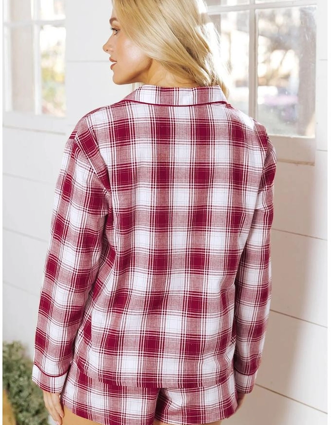Red Retro Plaid Long Sleeve Shirt Drawstring Shorts 2pcs Lounge Set, 16 of 15