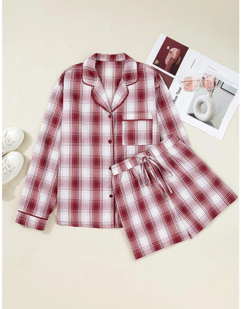Red Retro Plaid Long Sleeve Shirt Drawstring Shorts 2pcs Lounge Set