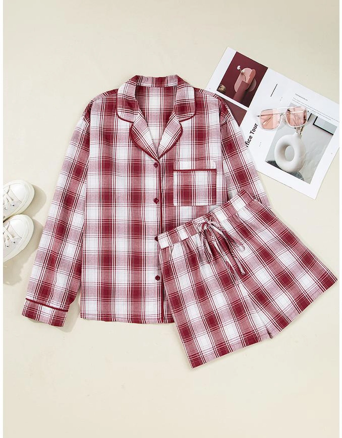 Red Retro Plaid Long Sleeve Shirt Drawstring Shorts 2pcs Lounge Set