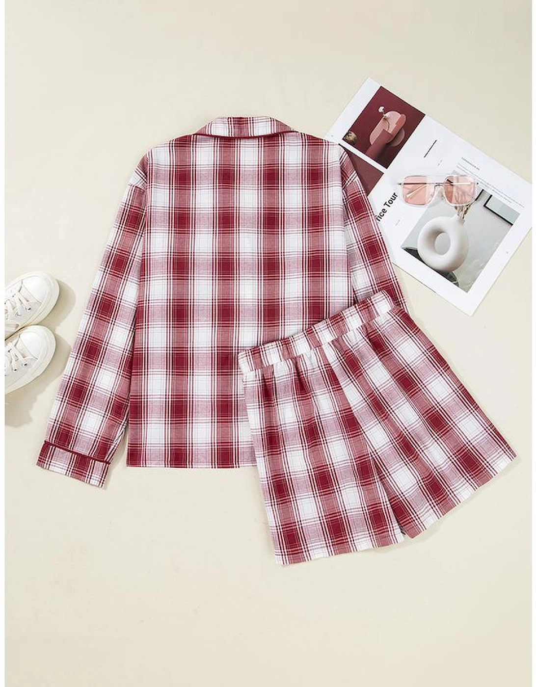 Red Retro Plaid Long Sleeve Shirt Drawstring Shorts 2pcs Lounge Set