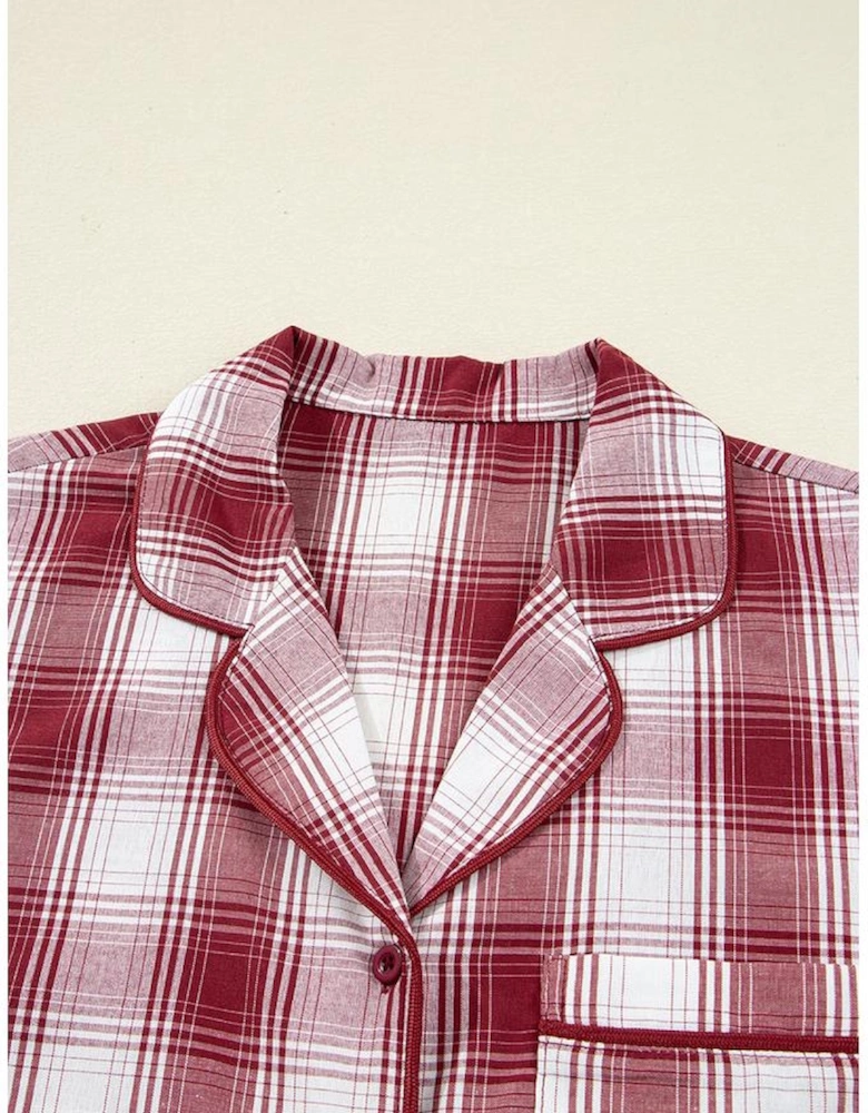 Red Retro Plaid Long Sleeve Shirt Drawstring Shorts 2pcs Lounge Set