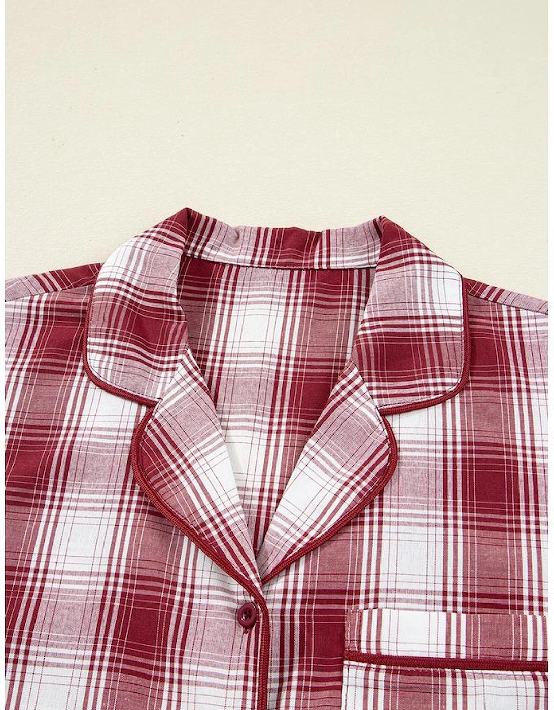 Red Retro Plaid Long Sleeve Shirt Drawstring Shorts 2pcs Lounge Set