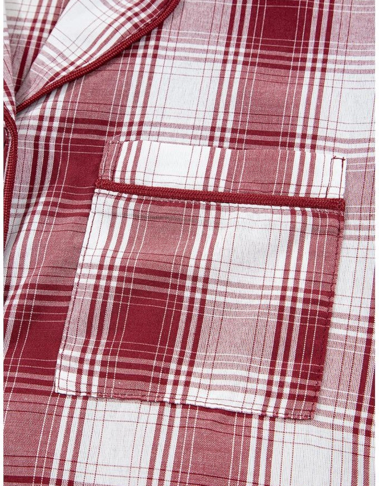 Red Retro Plaid Long Sleeve Shirt Drawstring Shorts 2pcs Lounge Set