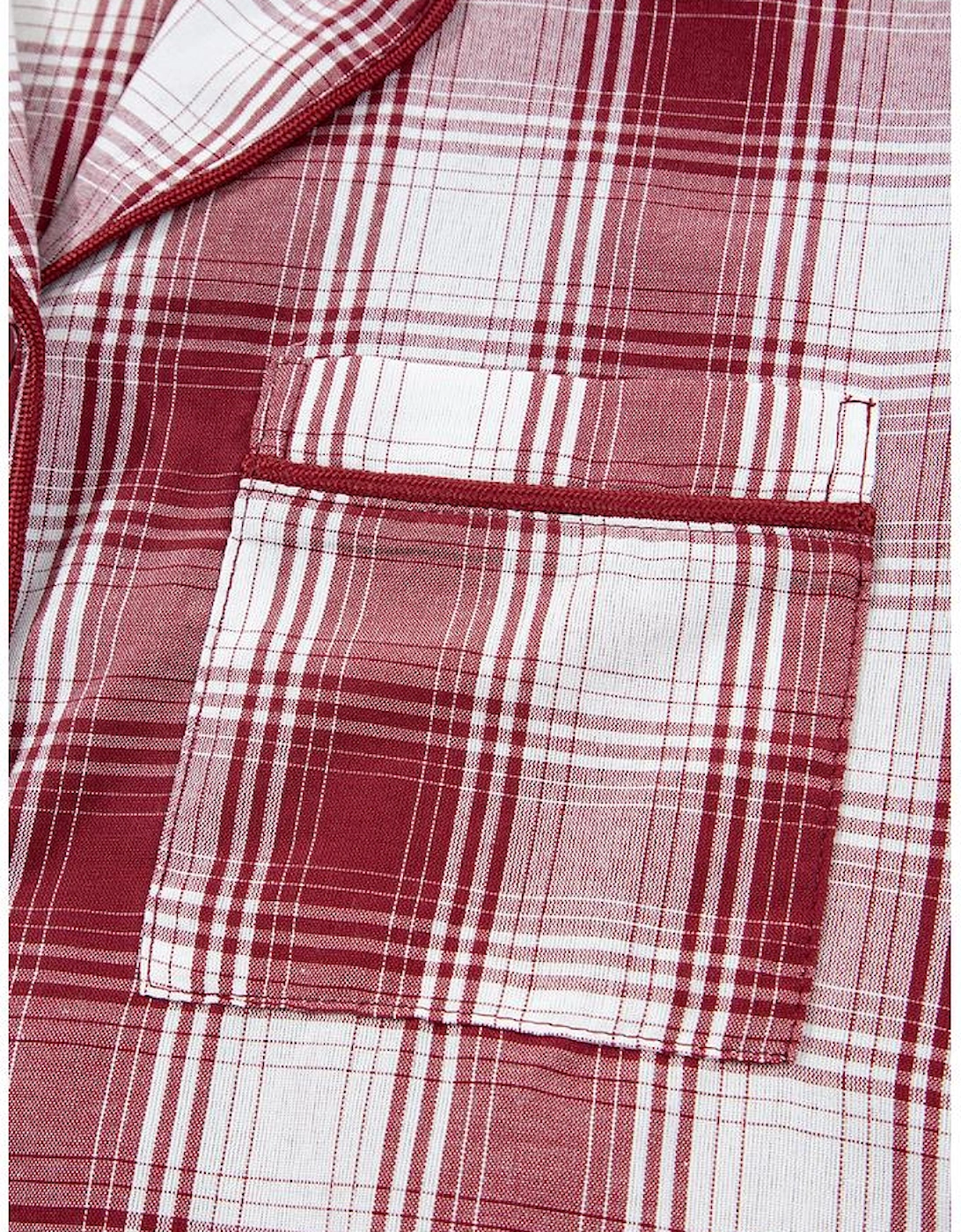 Red Retro Plaid Long Sleeve Shirt Drawstring Shorts 2pcs Lounge Set