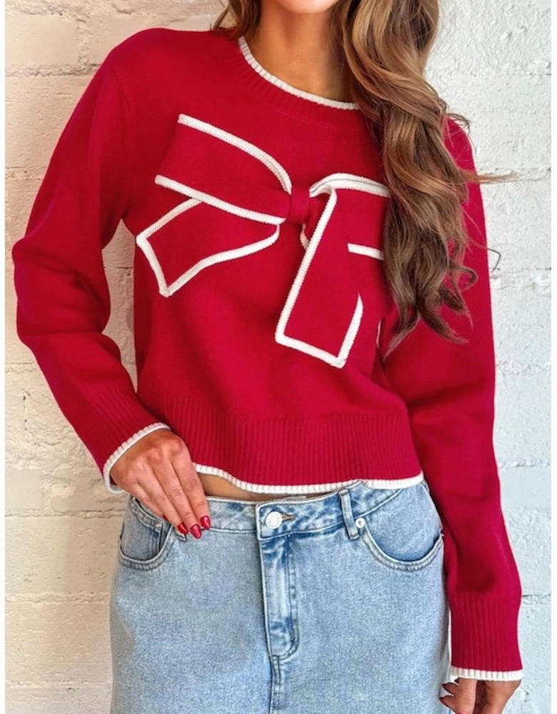 Fiery Red Contrast Trim Big Bow Accent Holiday Cropped Sweater