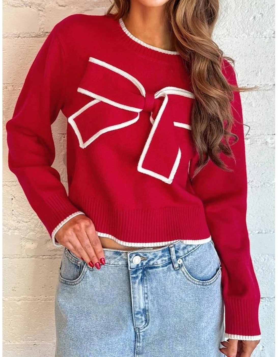 Fiery Red Contrast Trim Big Bow Accent Holiday Cropped Sweater, 3 of 2