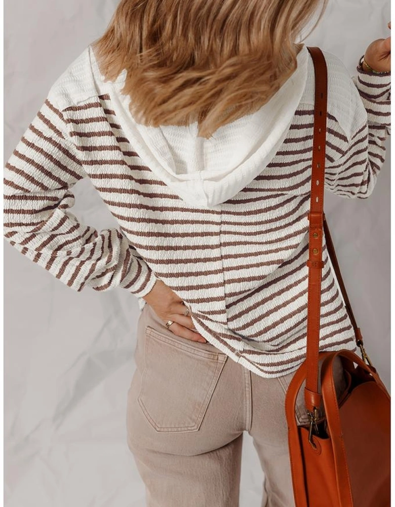 Khaki Stripe Textured Hooded V Neck Casual Long Sleeve Top