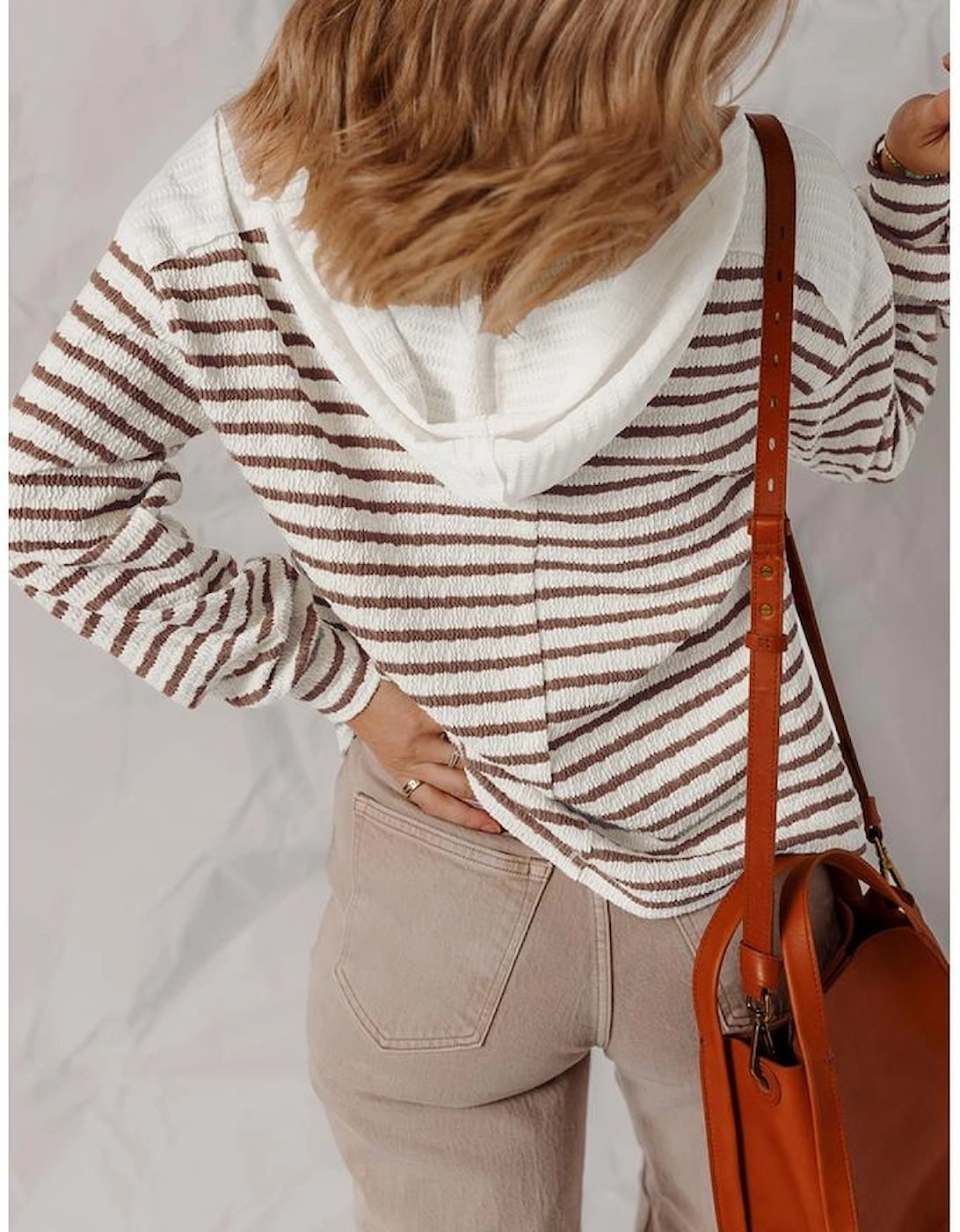 Khaki Stripe Textured Hooded V Neck Casual Long Sleeve Top, 6 of 5