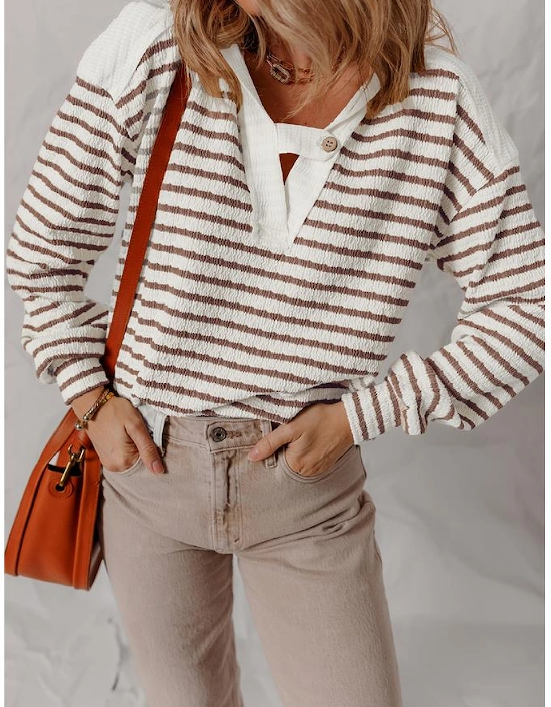 Khaki Stripe Textured Hooded V Neck Casual Long Sleeve Top