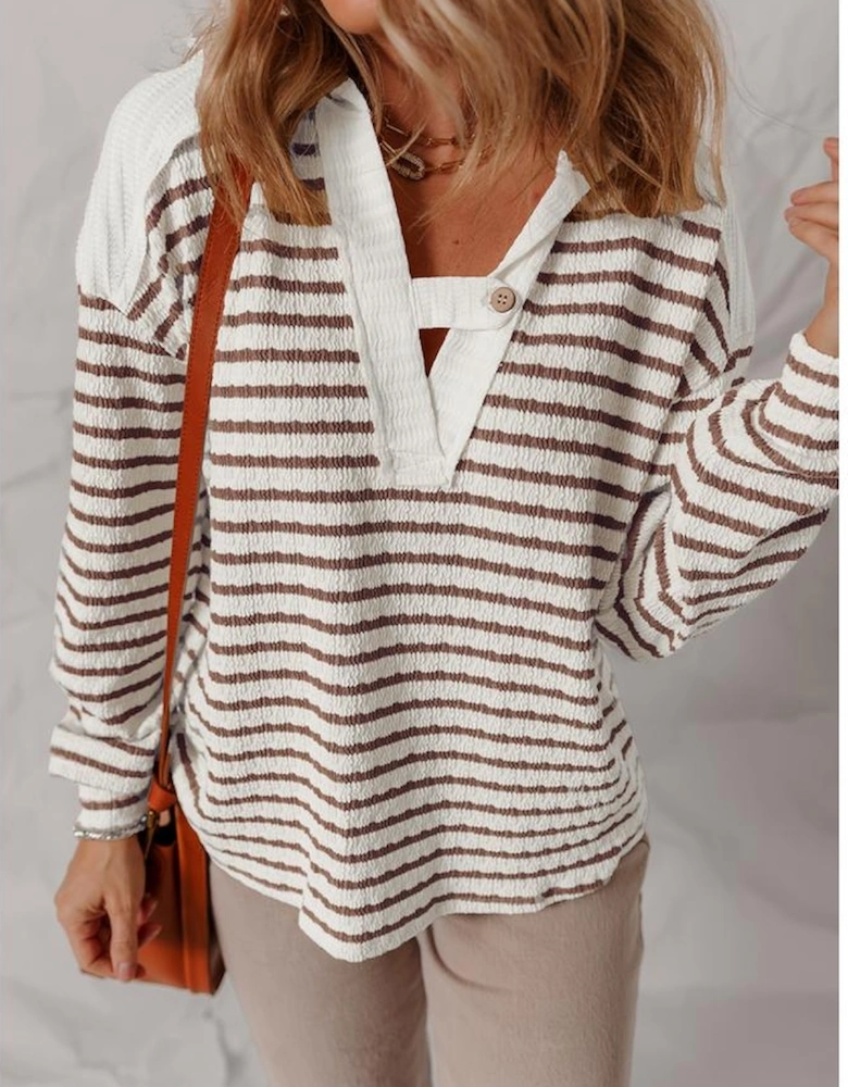 Khaki Stripe Textured Hooded V Neck Casual Long Sleeve Top