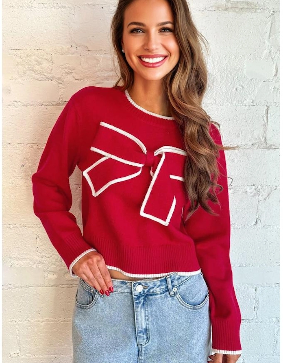 Fiery Red Contrast Trim Big Bow Accent Holiday Cropped Sweater