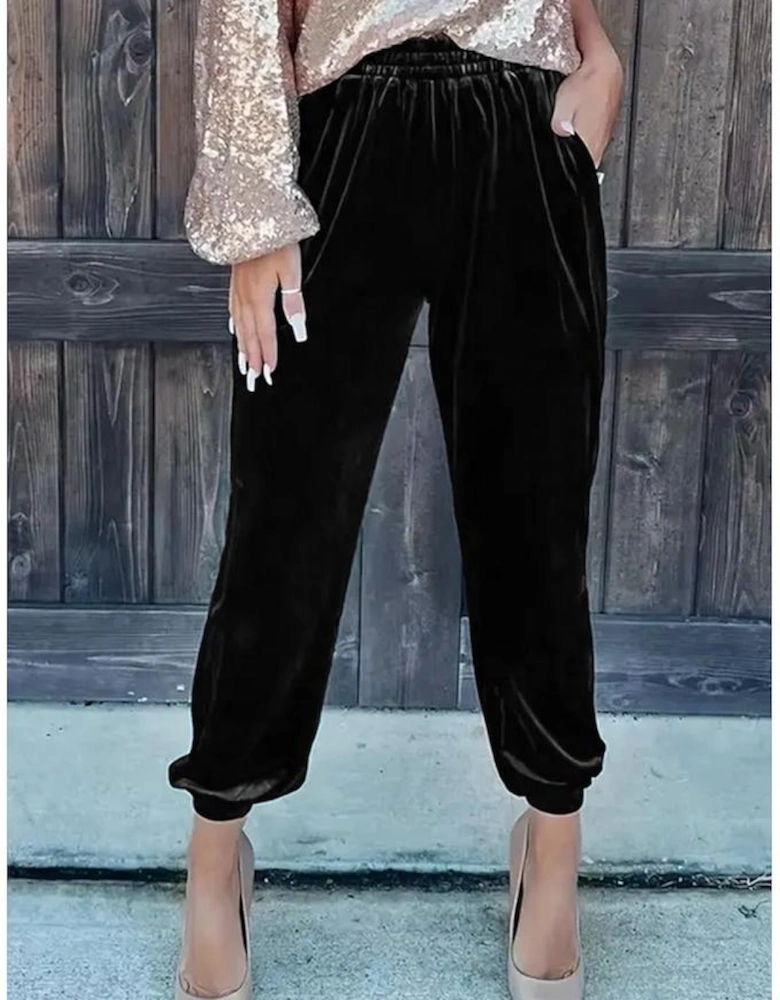 Black Solid Velvet Jogger Pants