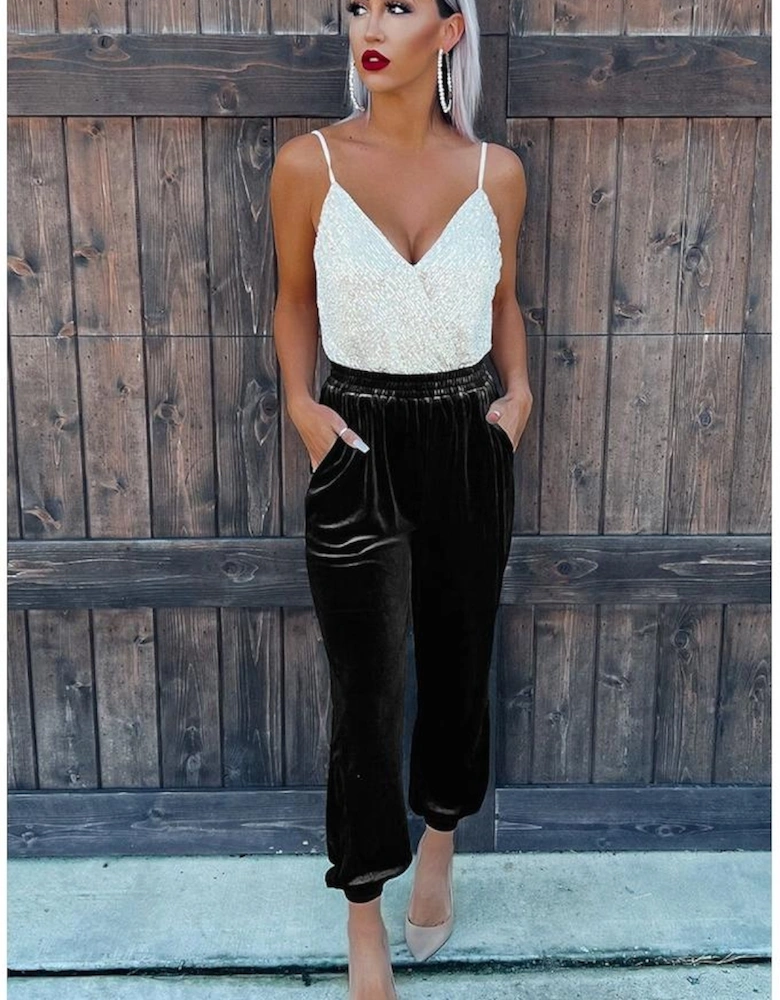 Black Solid Velvet Jogger Pants
