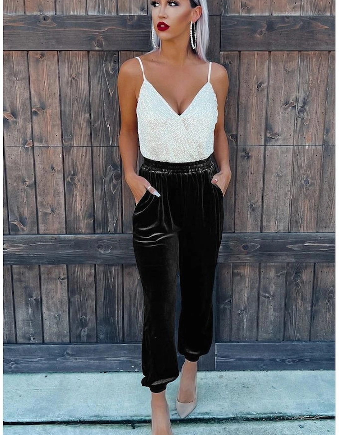 Black Solid Velvet Jogger Pants